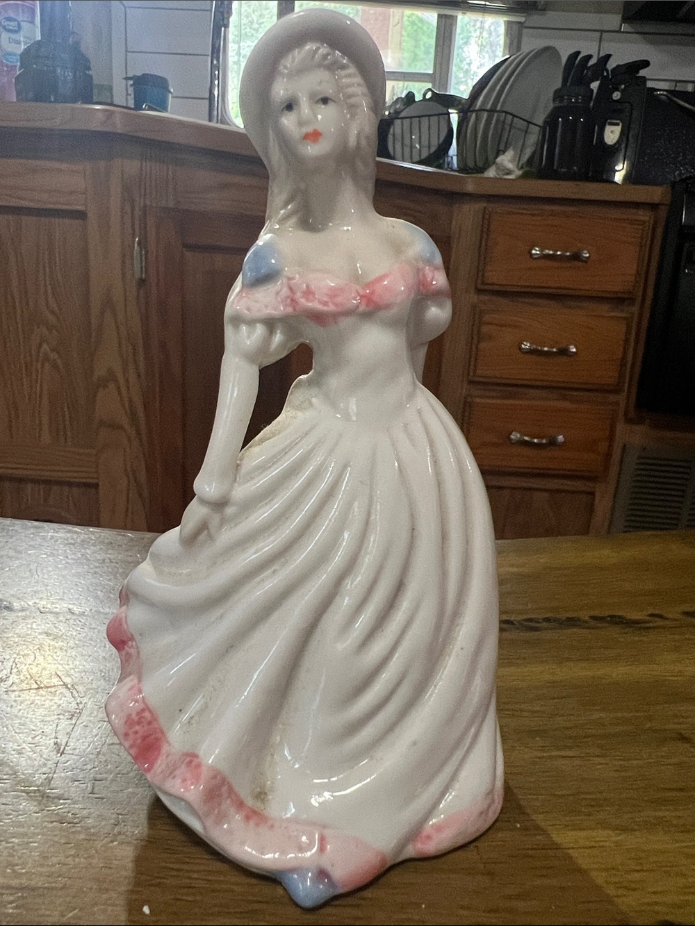 Vintage Elegant White Ceramic Lady Figurine with Pink and Blue Accents